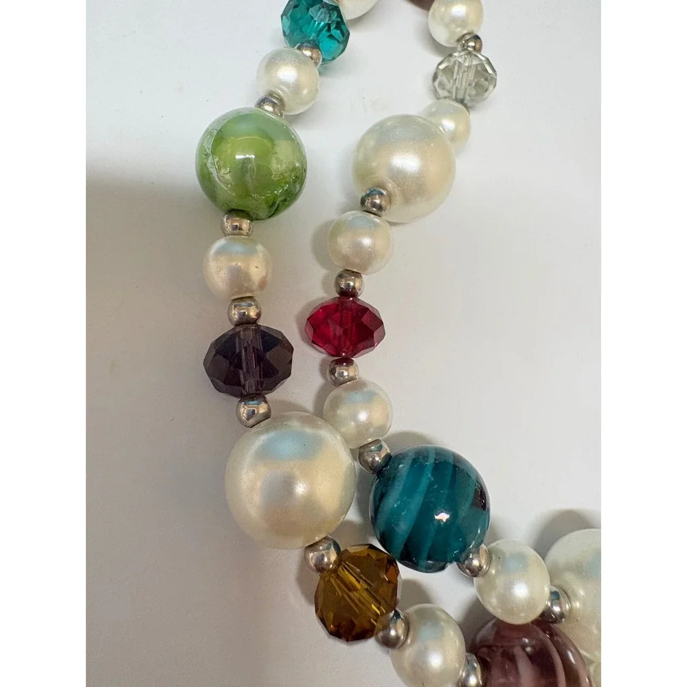 Multicolor Double Strand Beaded Necklace Faux Pearl Art Glass Statement Silver